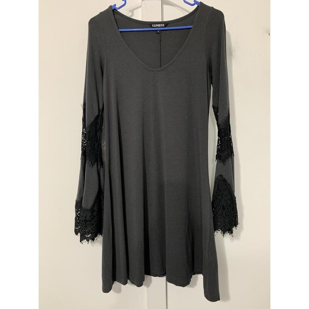 Express Women’s Swing Dress Small Knee Length Gray Lace Bell Long Sleeves Cotton
